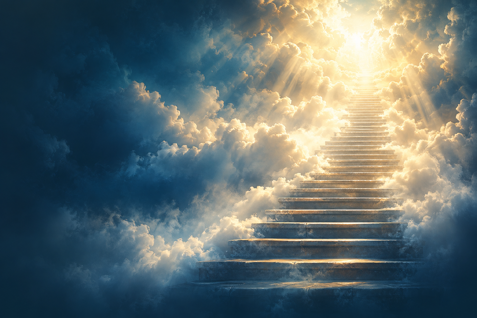 An illuminated staircase rising through clouds toward warm heavenly light